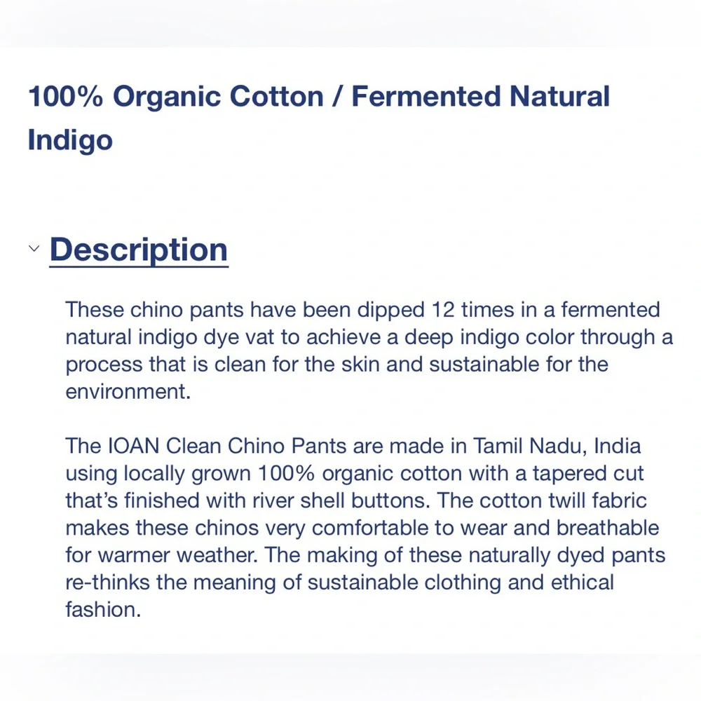 Industry of All Nations Indigo 100% Organic Chinos - Picture 4 of 7